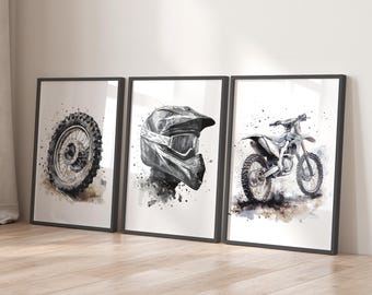 May include: Three black and white watercolor illustrations of motocross gear. The first illustration shows a close-up of a tire. The second illustration shows a motocross helmet. The third illustration shows a motocross bike.