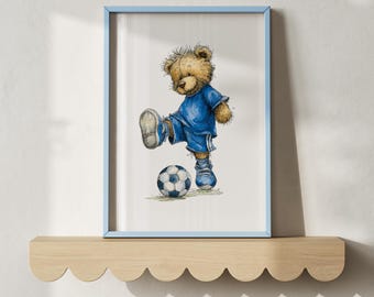 Vintage Teddy Bear Soccer Print: Sports Nursery Wall Art (Digital Download)