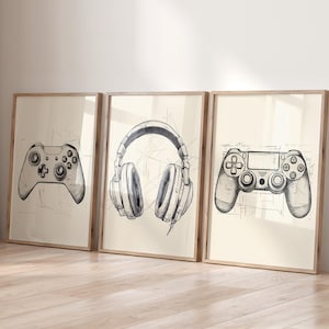 Stampe artistiche da parete Blueprint Gaming, set di 3 stampe da gioco abbozzate, arte da parete per giocatori, regalo da gioco per la stanza dei ragazzi, decorazione da gioco, arte dei videogiochi