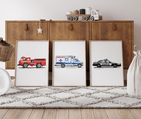 Rescue Vehicle Prints, Emergency Vehicle Prints, Kids Gallery Wall Set, Police Wall Art, Fire Truck Poster, Ambulance Transportation Nursery