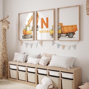 Construction Vehicles, Personalized Dump Truck Wall Art, Set of 3 Boys Room Decor, Construction Decor, Toddler Room Decor, Boys Nursery Art