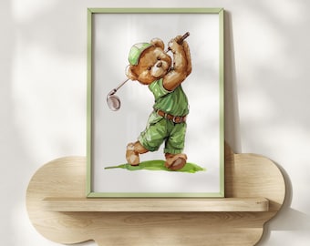 Vintage Teddy Bear Golf Nursery Art Print: Playful Sports Decor (Digital Download