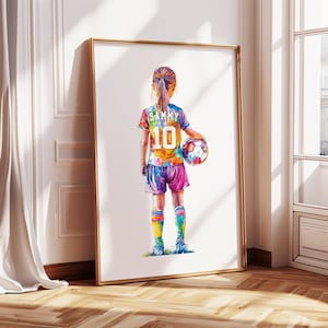 Stampa di calcio per bambine, stampa di calcio personalizzata, regalo di calcio per ragazze a Natale, regalo di calcio per ragazze, maglia da calcio personalizzata, decorazione murale di calcio