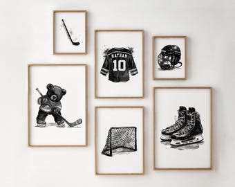 Personalised Hockey Poster, Vintage Teddy Bear Sports Wall Art, Set of 6 Hockey Prints for Kids, Custom Hockey Art, Boys Sports Nursery