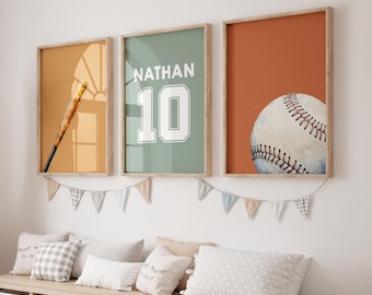 Personalized Baseball Wall Art Set of 3, Name & Number Print, Vibrant Boys Room Sports Decor, Baseball Gift for Boys Nursery, Baseball Print