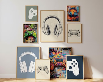 Conjunto de 9 láminas decorativas para pared con temática de videojuegos, pósteres de planos de videojuegos, láminas de grafiti para videojuegos, arte mural moderno para gamers, regalo para la decoración de la habitación de niños.