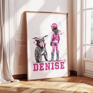 Gepersonaliseerde meisjes motorcross print, meisjes crossmotor print, set van 3 motorcross poster voor meisjes, roze muurkunst voor meisjes kamer decor, digitaal