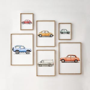 Set of 6 Car Nursery Prints, Boys Bedroom Wall Art, Transportation Wall Art, Car Wall Art, Pastel Nursery Art,  Kids Gallery Wall Decor