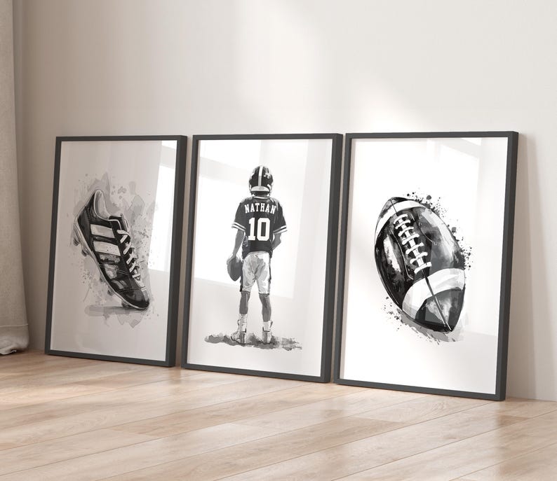 May include: Three black and white watercolor illustrations of sports equipment. The first image shows a football cleat, the second shows a football player wearing a jersey with the name "Nathan" and the number "10", and the third shows a football.