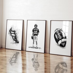 May include: Three black and white watercolor illustrations of football-themed imagery. The first image shows a football cleat, the second image shows a football player wearing a jersey with the name "Nathan" and the number "10", and the third image shows a football.