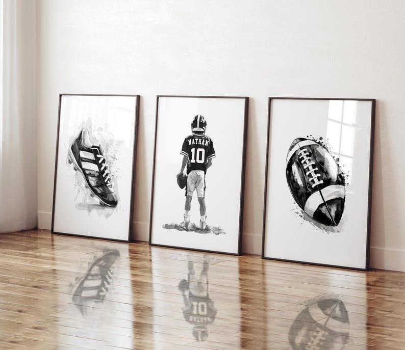 May include: Three black and white watercolor illustrations of football-themed imagery. The first image shows a football cleat, the second image shows a football player wearing a jersey with the name "Nathan" and the number "10", and the third image shows a football.