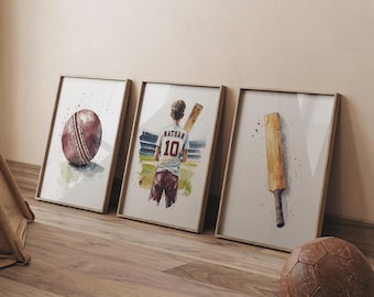 Pósteres de críquet personalizados: Decoración para habitación de niño, juego de 3 (descarga digital)