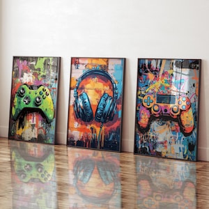 Set of 3 Gaming Graffiti Art, Printable Gaming Posters for Boys Bedroom Decor, Games Room Art, Gaming Prints, Gamer Wall Art for Boys Room