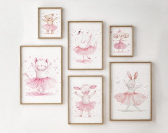 Ballerina Animals Watercolor Print Set: Pink Nursery Decor (Digital Download)