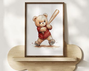 Vintage teddybeer honkbal kinderkamer print: sportmuurkunst (digitale download)
