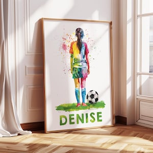 Stampa artistica da parete personalizzata di calcio, stampa di calcio per ragazze, arredamento per la camera da letto delle ragazze, stampe di calcio per ragazze, stampa del nome della maglia da calcio, sport per ragazze