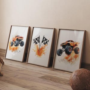 Monster Truck Wall Art, Monster Truck Posters for Boys Room Decor, Watercolor Truck Print, Racing Print, Race Car Art, Boys Nursery, Digital