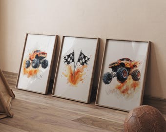May include: Three framed watercolor paintings depicting a monster truck with checkered flags. The truck is orange and black with large tires and is set against a watercolor background of orange and yellow.