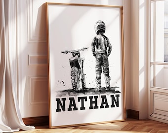 May include: Black and white illustration of a person wearing a helmet and standing next to a dirt bike. The name "NATHAN" is written in large, bold letters below the image.