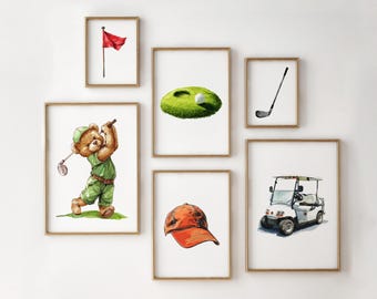 Vintage Teddy Bear Golf Nursery Prints: Sports Wall Art (Digital Download)
