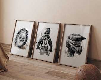 May include: Three framed black and white watercolor illustrations of a motocross rider, a motorcycle tire, and a motocross helmet. The rider is wearing a jersey with the name "Nathan" and the number "10" on it.