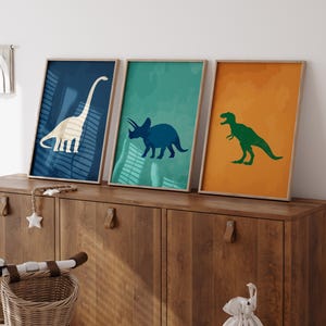 Set of 3 Dinosaur Nursery Prints, Dinosaur Wall Art for Boys Room, T-Rex, Triceratops, Dino Posters, Digital Download, Boys Nursery Pictures