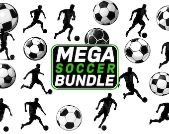 サッカー SVG バンドル、Cricut 用サッカー SVG カット ファイル、サッカー ベクター セット、サッカー クリップアート、サッカー ボール SVG、サッカー シルエット サッカー選手 ボール