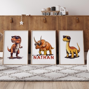 Personalized Dinosaur Prints, Set of 3 Dinosaur Wall Decor, Boys Room Decor, Boys Playroom Prints, Dinosaur Gift for Boys Bedroom, Digital