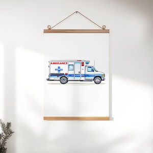 May include: Watercolor illustration of an ambulance. The vehicle is white with blue and red accents, featuring a blue cross emblem. The word "AMBULANCE" is displayed in red. The artwork is displayed on a white background, mounted with wooden bars.