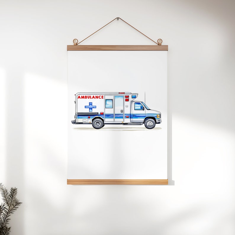 May include: Watercolor illustration of an ambulance. The vehicle is white with blue and red accents, featuring a blue cross emblem. The word "AMBULANCE" is displayed in red. The artwork is displayed on a white background, mounted with wooden bars.