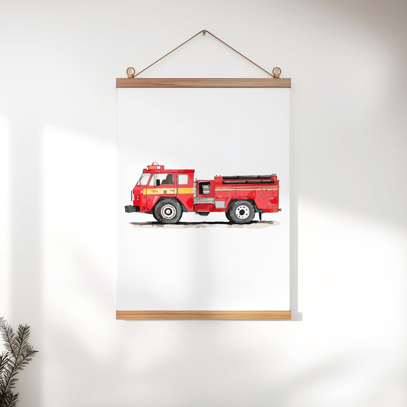 May include: Watercolor illustration of a red fire truck with yellow stripes and black tires. The fire engine is mounted on a white background and displayed with a wooden poster hanger. The artwork is a print.