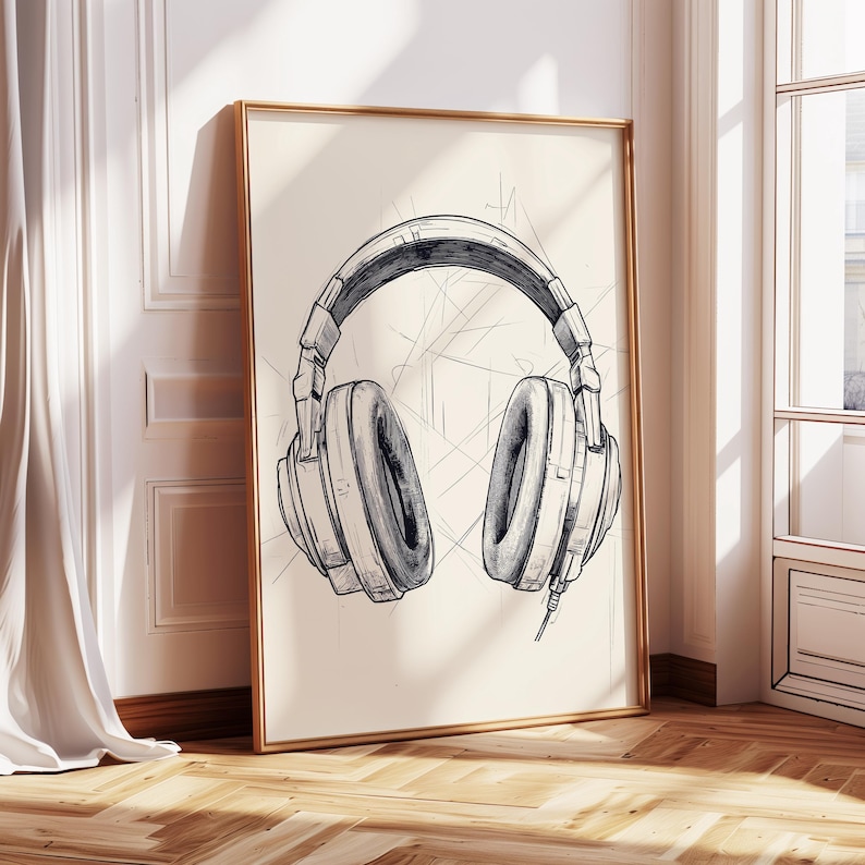 K&ouml;nnte beinhalten: Gerahmte Schwarz-Wei&szlig;-Skizze eines Over-Ear-Kopfh&ouml;rers. Das Kunstwerk zeigt detaillierte Schattierungen und Linien, mit einem goldenen Rahmen. Der Hintergrund ist hellbeige mit schwachen Linien. Das Kunstwerk lehnt an einer wei&szlig;en Wand.