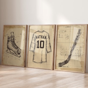 Blueprint Hockey Wall Art Prints, Personalized Hockey Prints, Custom Name & Number, Hockey Gift for Boys Room, Hockey Art, Hockey Poster