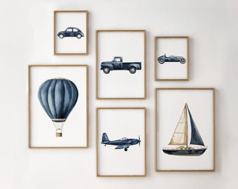 Vintage Vehicle Prints, Watercolor Nursery Wall Art, Printable Transportation Nursery Decor, Baby Boy Room, Car Playroom Prints, Navy Blue