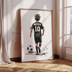 Impresión de arte de pared de fútbol personalizada, impresión de fútbol personalizada, decoración de dormitorio de niños, decoración de fútbol para dormitorio de niños, impresión con nombre de camiseta de fútbol