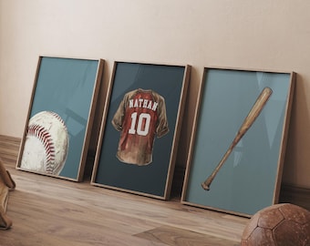 Personalized Baseball Prints: Vintage Jersey, Boys Room Decor (Set of 3) (Digital Download)