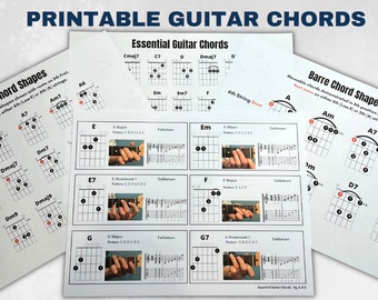 11 Pages Printable Guitar Chord Chart Digital Download, Beginner Chords, Jazz Chords, Barre Chords, Real Images Of Fretboard, Tablature