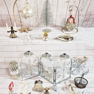 Lot (click to see all) Christmas Silver Ornaments Vintage Now Santa Angel Candle Cross Mercury Glass Heart Candle Brass Silver Plated Bell