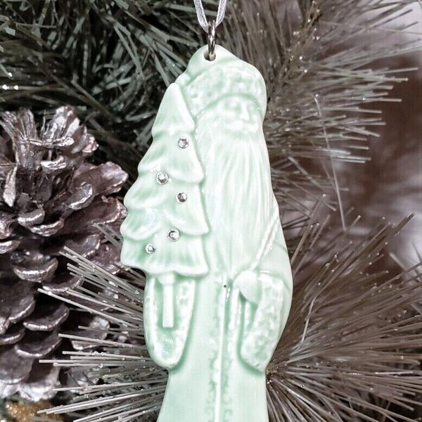 Hallmark Ornament Old World Santa Saint Nicholas Green Celadon Ceramic Glaze Christmas Tree Embelished Rhinestones Bling