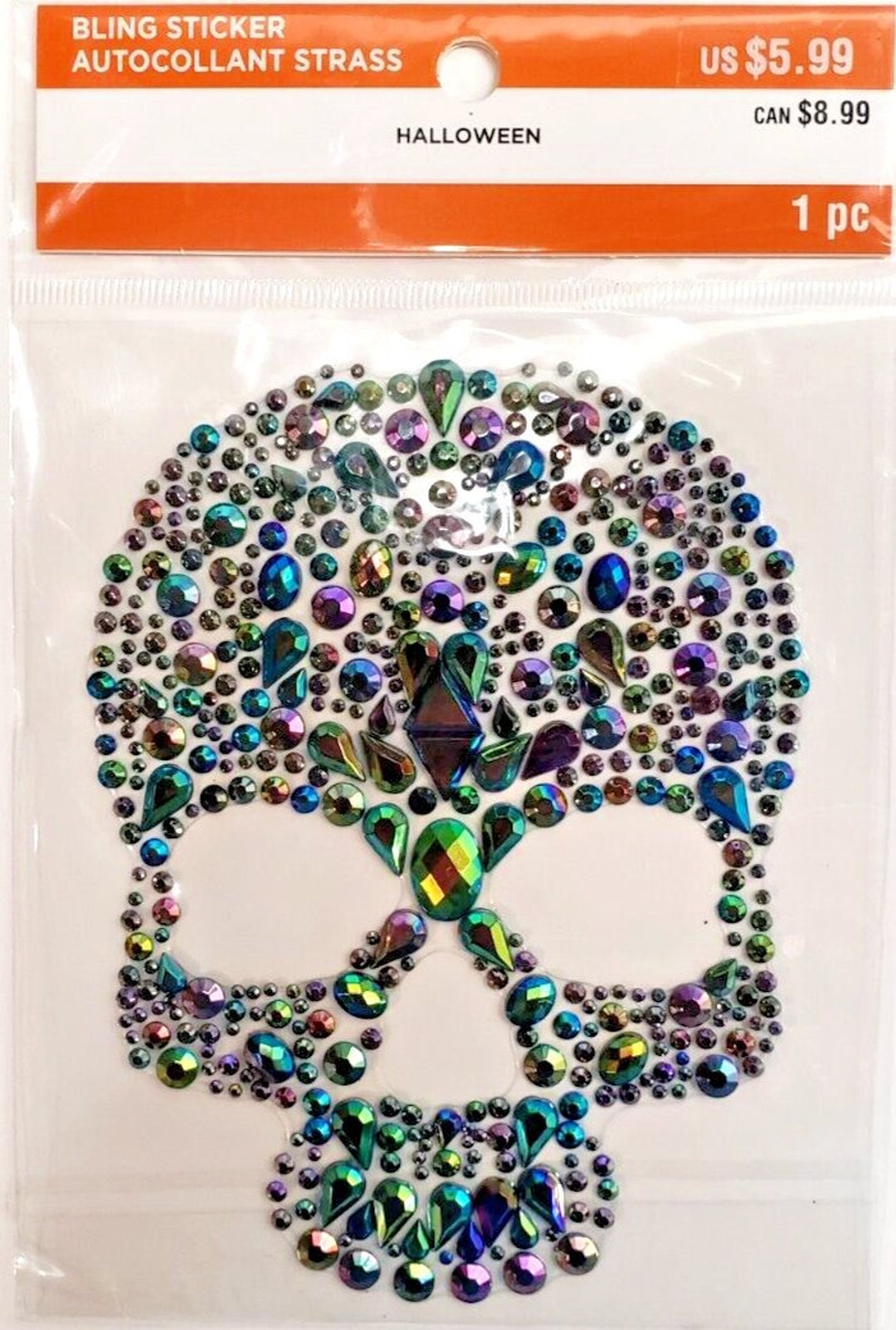 5 Halloween Skull Rainbow Rhinestone Bling Sticker Spooky Scary ...