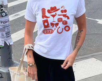 Camiseta vaquera para bebé, camiseta de noche para chicas, camiseta estética gráfica Y2K para bebé, camiseta coqueta de moda para mujer con cerezas Y2K