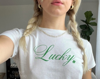 Lucky St. Patricks Day Baby Tee Four Leaf Clover y2k Baby Tee St Paddys Baby Tee Luck of the Irish Vintage Aesthetic