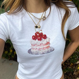 Pink and Red Coquette Cherry Cake Baby Tee, Girly Fashion, Trending, Womens, Cute Tee, Feminine Shirt, Adorable, Pop of Red