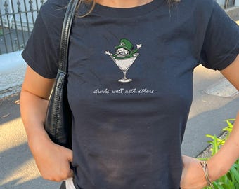 Black Baby Tee Leprechaun Martini Cocktail St Patrick's Day Womens Baby Tee  Vintage Illustration St. Patty's Day Baby Tee Vintage