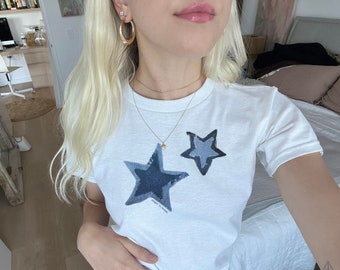 Blue stars y2k Baby Tee | Two denim star t-shirt | Lightweight Cotton Unisex Shirt | Sustainably Made