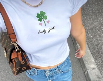 Cute St Patrick's Day Baby Tee Lucky Green Shamrock Painted Coquette Vintage Aesthetic Baby Tee St Paddys Day y2k Baby Tee Lucky Girl
