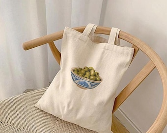 Sacola de lona de algodão com estampa de azeitonas, estilo italiana para o verão.