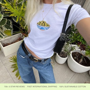 Painted Olives in Blue Bowl 90s Baby Tee Lightweight Unisex Cotton Shirt Sustainably Made
