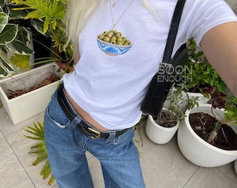 Painted Olives in Blue Bowl 90s Baby Tee Lightweight Unisex Cotton Shirt Sustainably Made