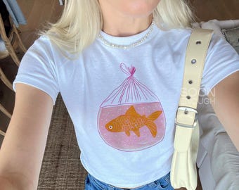 Goldfish Graphic Baby Tee, Retro Y2K Hand-Painted Design